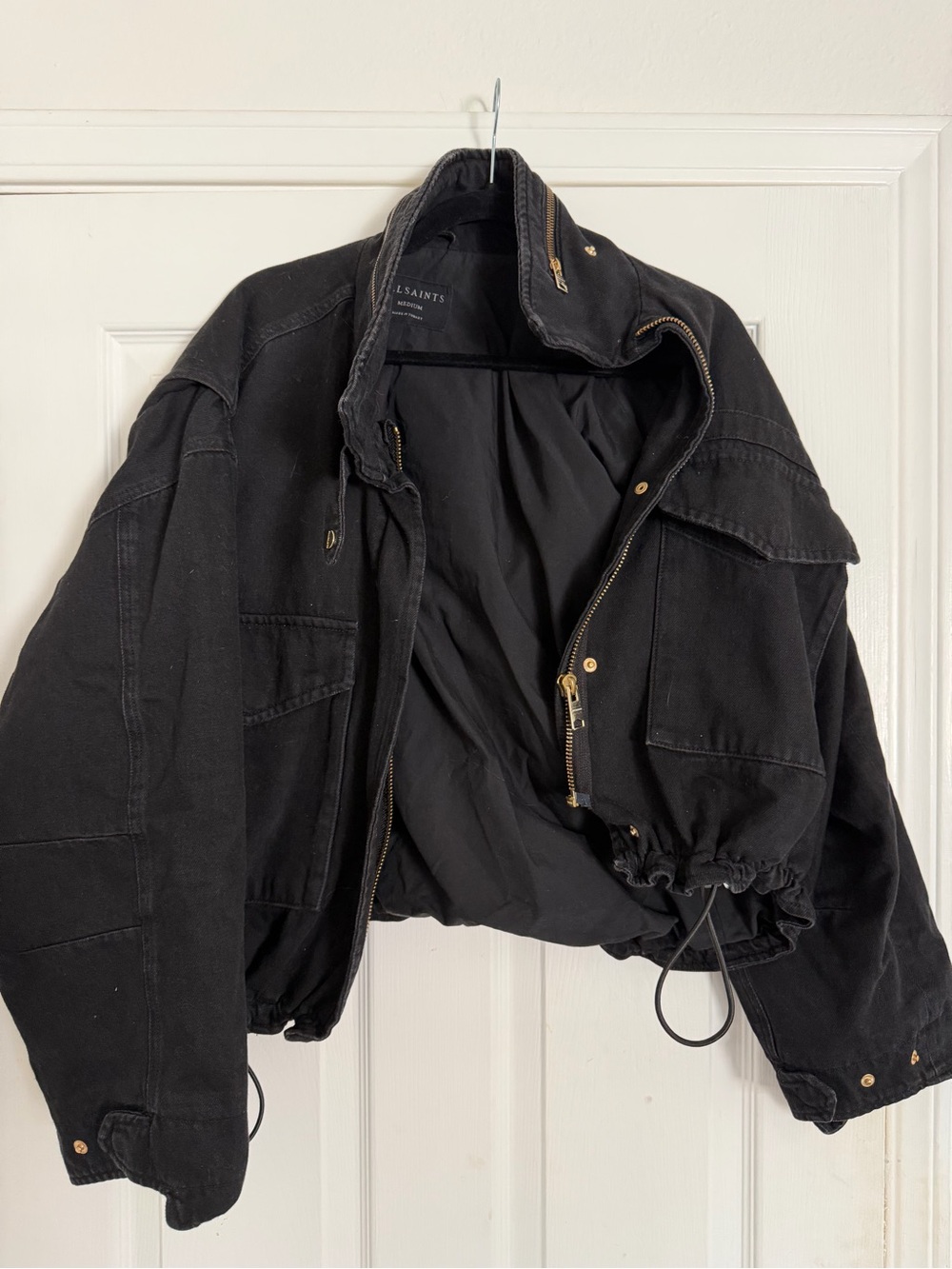 All Saints Black Cropped Bomber Jacket with Gold Hardware